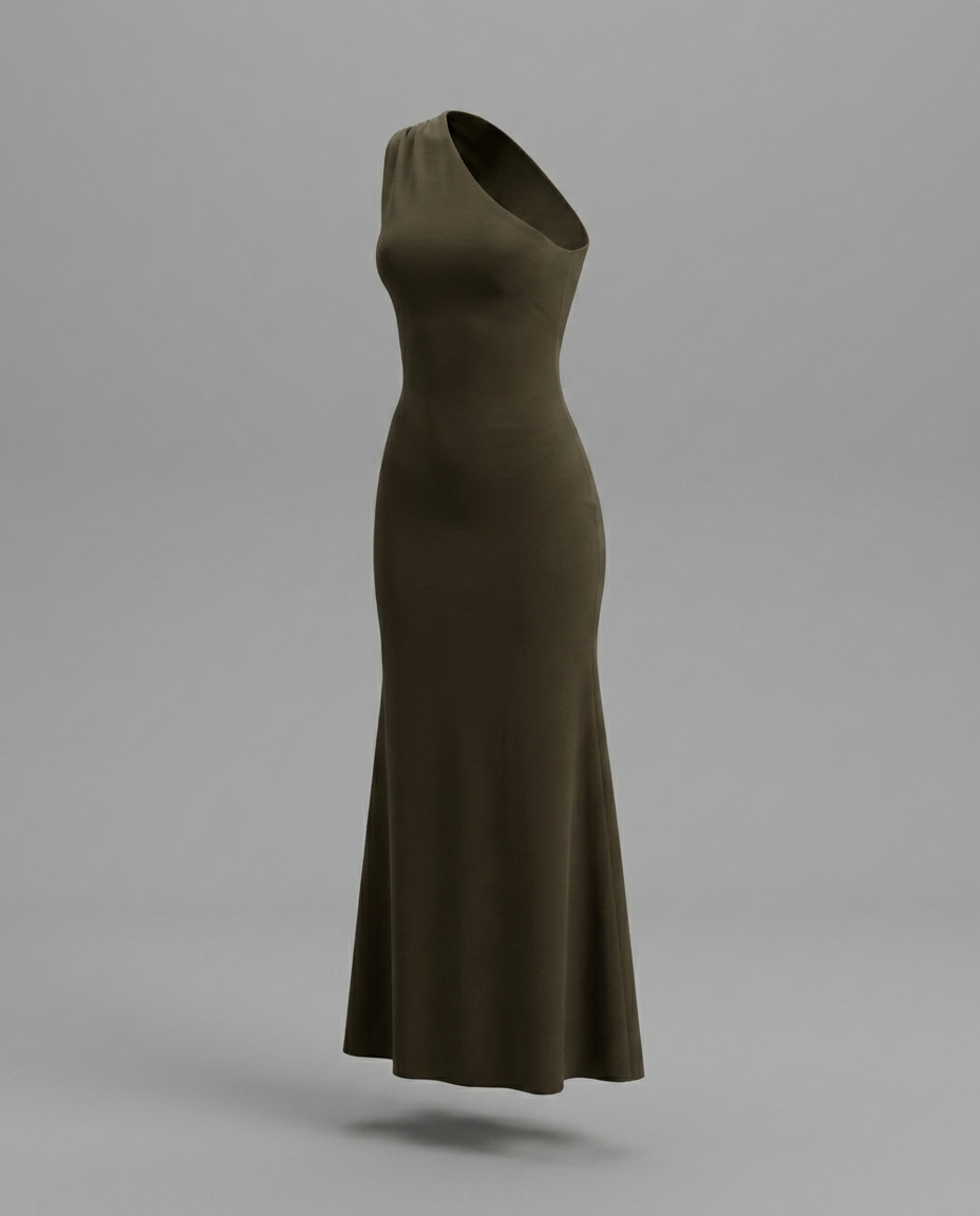 Brown One Shoulder Jersey Maxi Dress With Long Sleeve, image 5