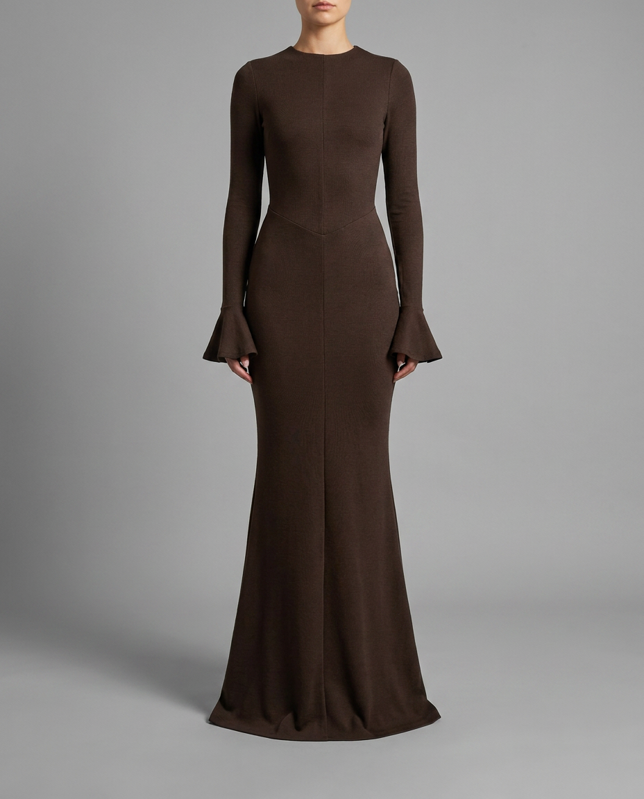 Chocolate Brown Knitted Maxi Dress With Fluted Sleeves, image 1