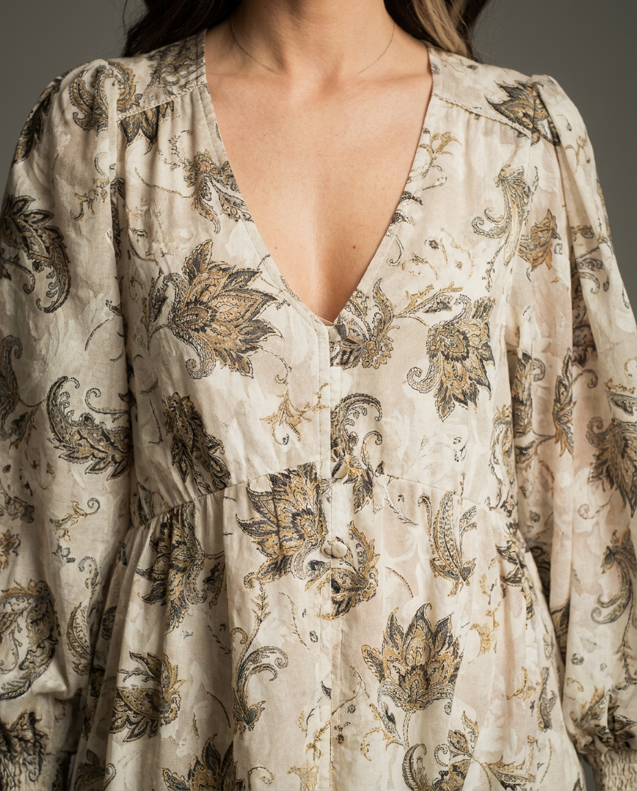 Cream Paisley Cold Shoulder Midi Dress With V Neck, image 4