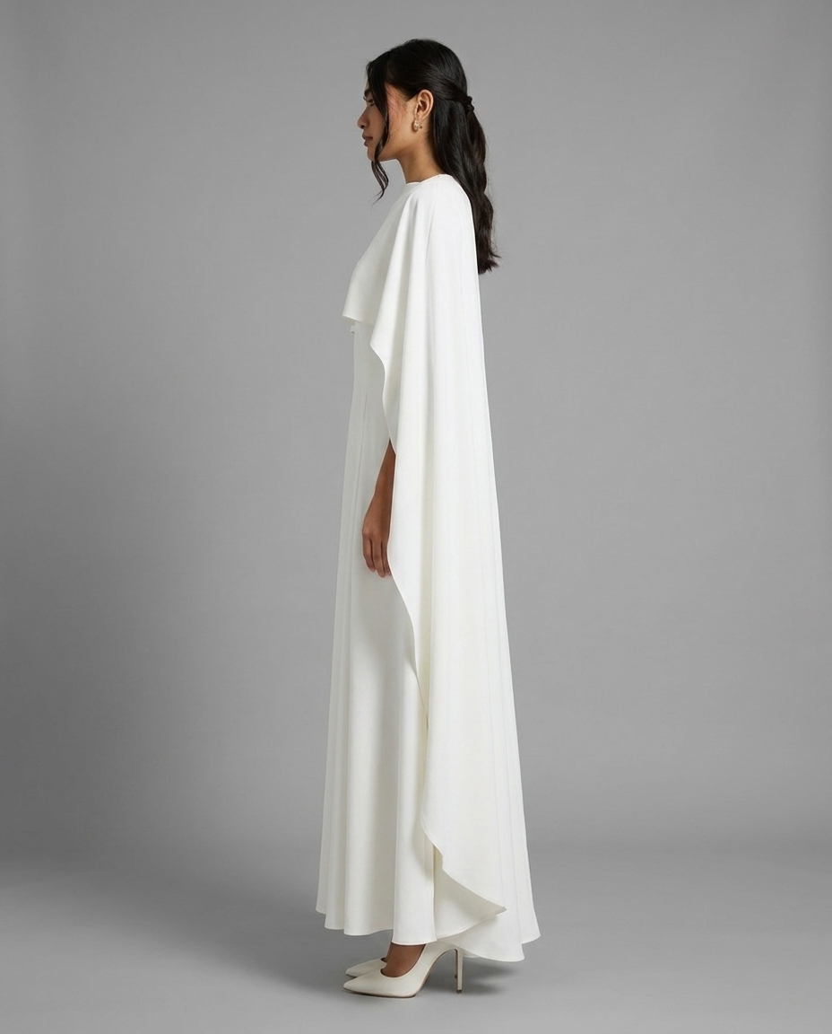 Ivory Cape Bridal Maxi Dress With High Round Neck, image 2