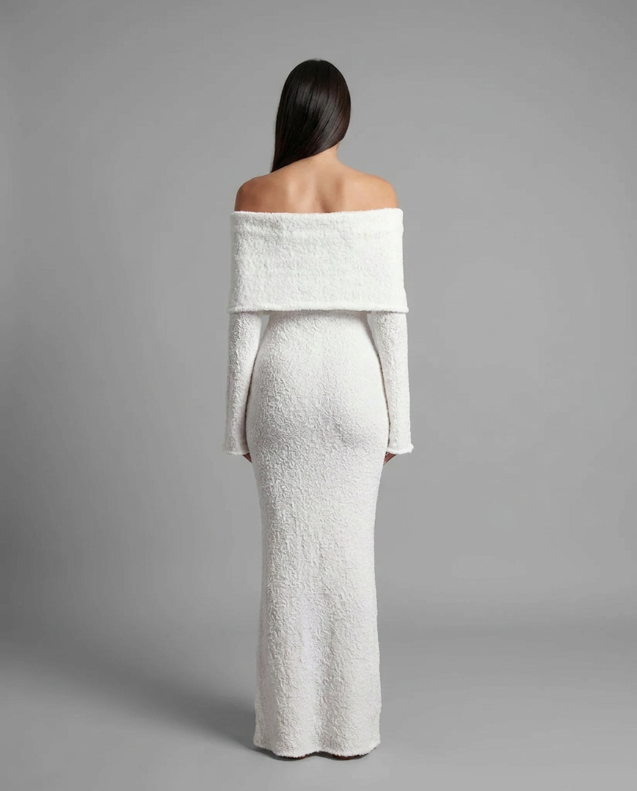 Beige Off Shoulder Textured Knit Midi Jumper Dress, image 15