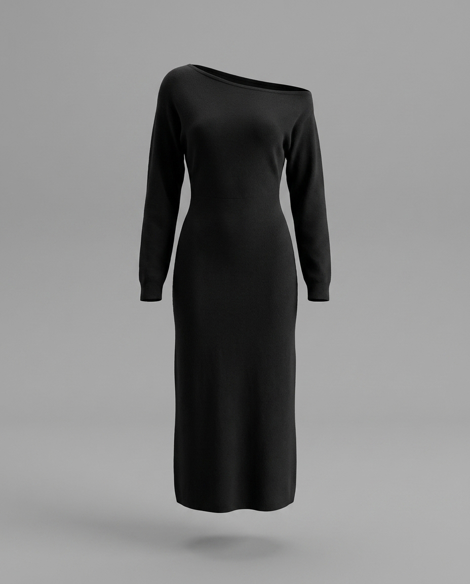 Black One Shoulder Knitted Midi Dress With Long Sleeves, image 5