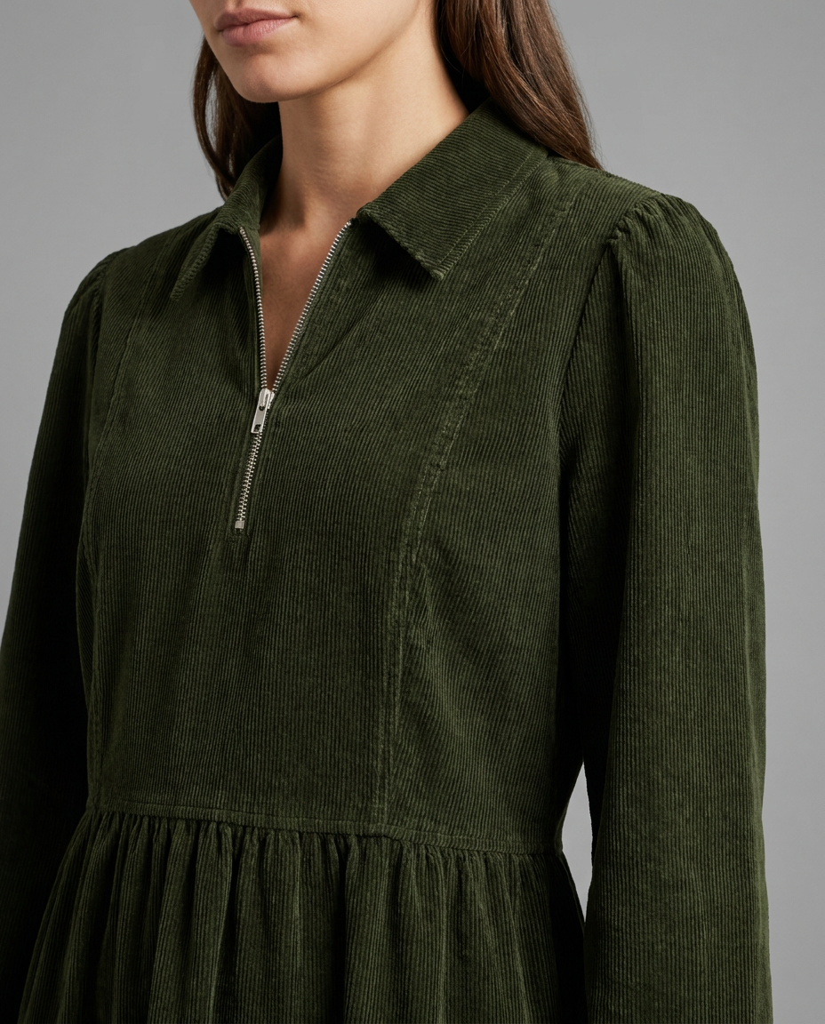 Khaki Tiered Corduroy Midi Dress