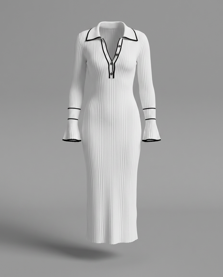 Ribbed Polo Midi Knitted Dress