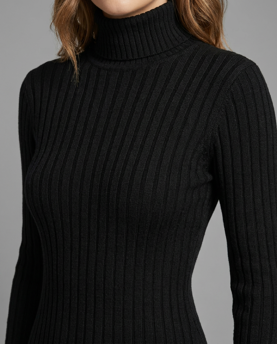 Black Ribbed Roll Neck Mini Knitted Dress
