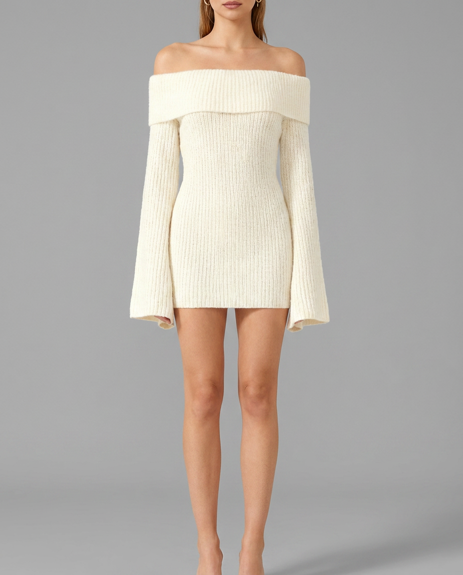 Cream Off-Shoulder Mini Knitted Dress