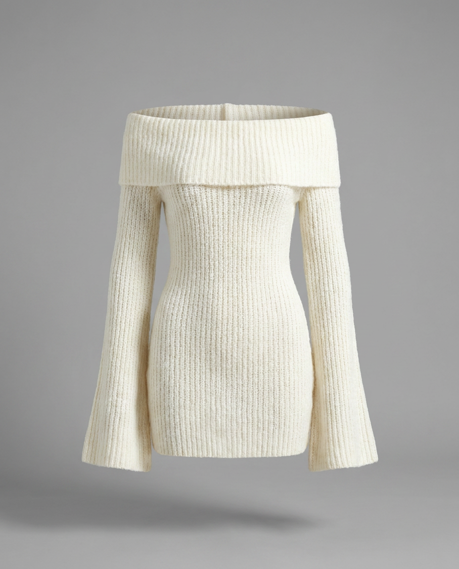 Cream Off-Shoulder Mini Knitted Dress