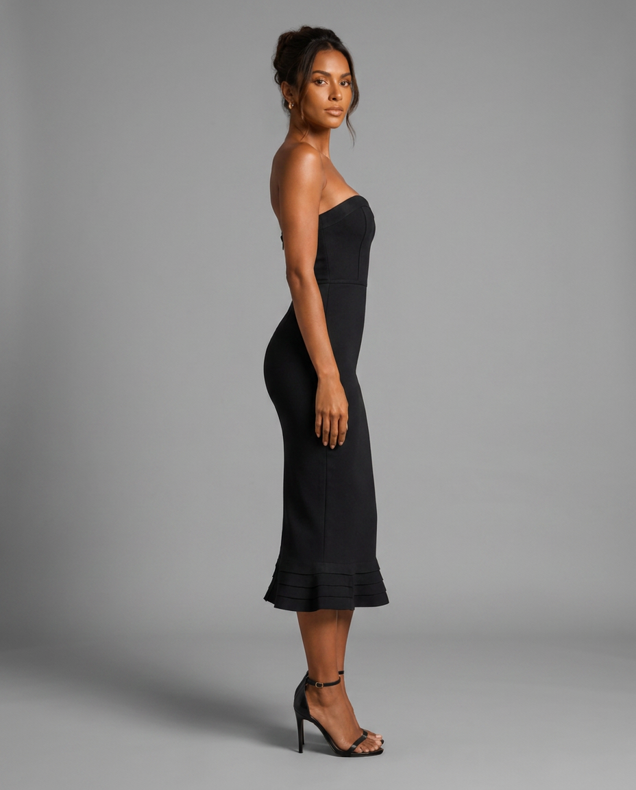 Black Strapless Fishtail Midi Dress