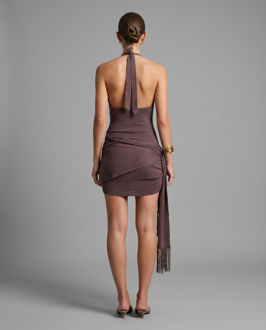 Mocha Halterneck Mini Knitted Dress
