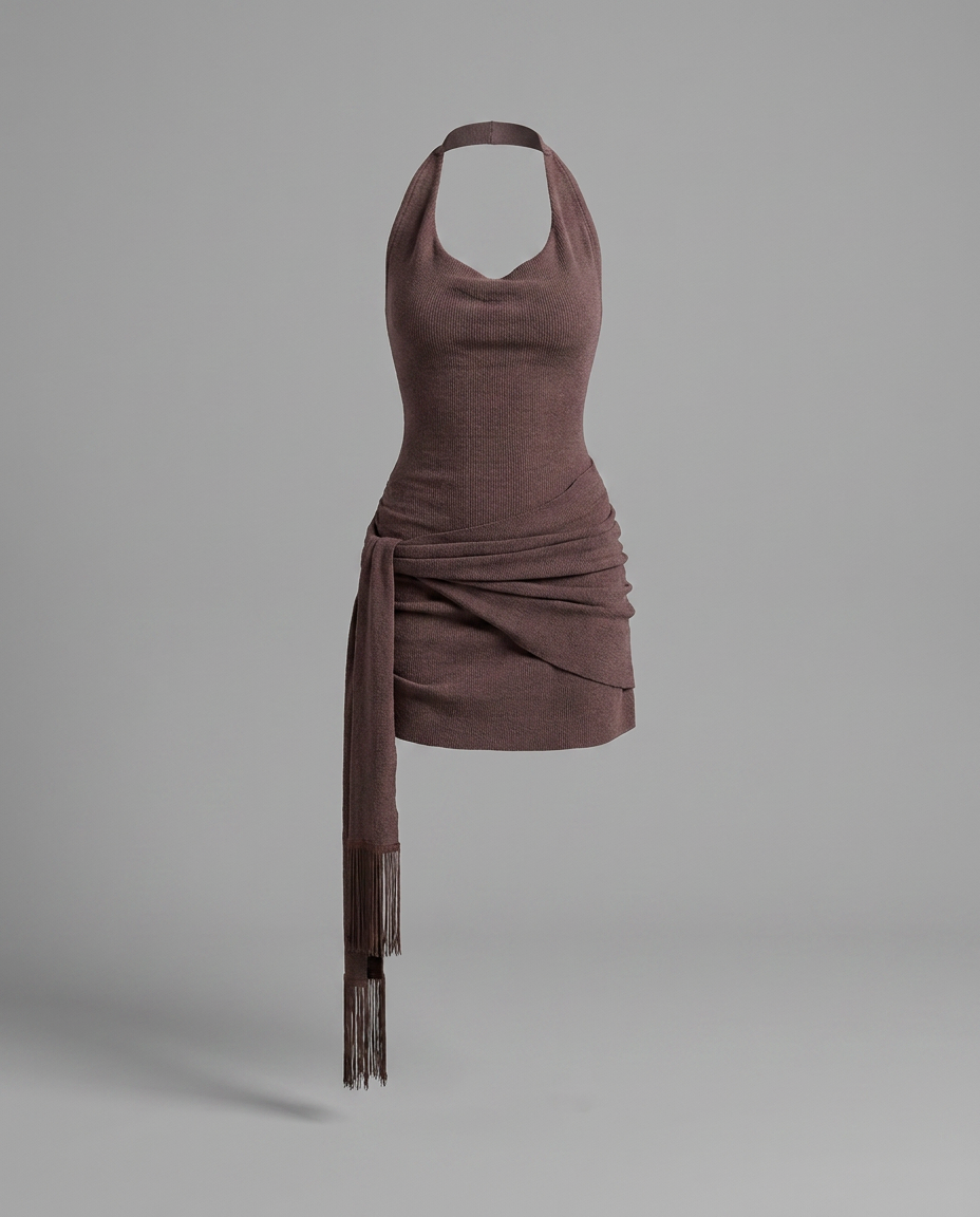Mocha Halterneck Mini Knitted Dress
