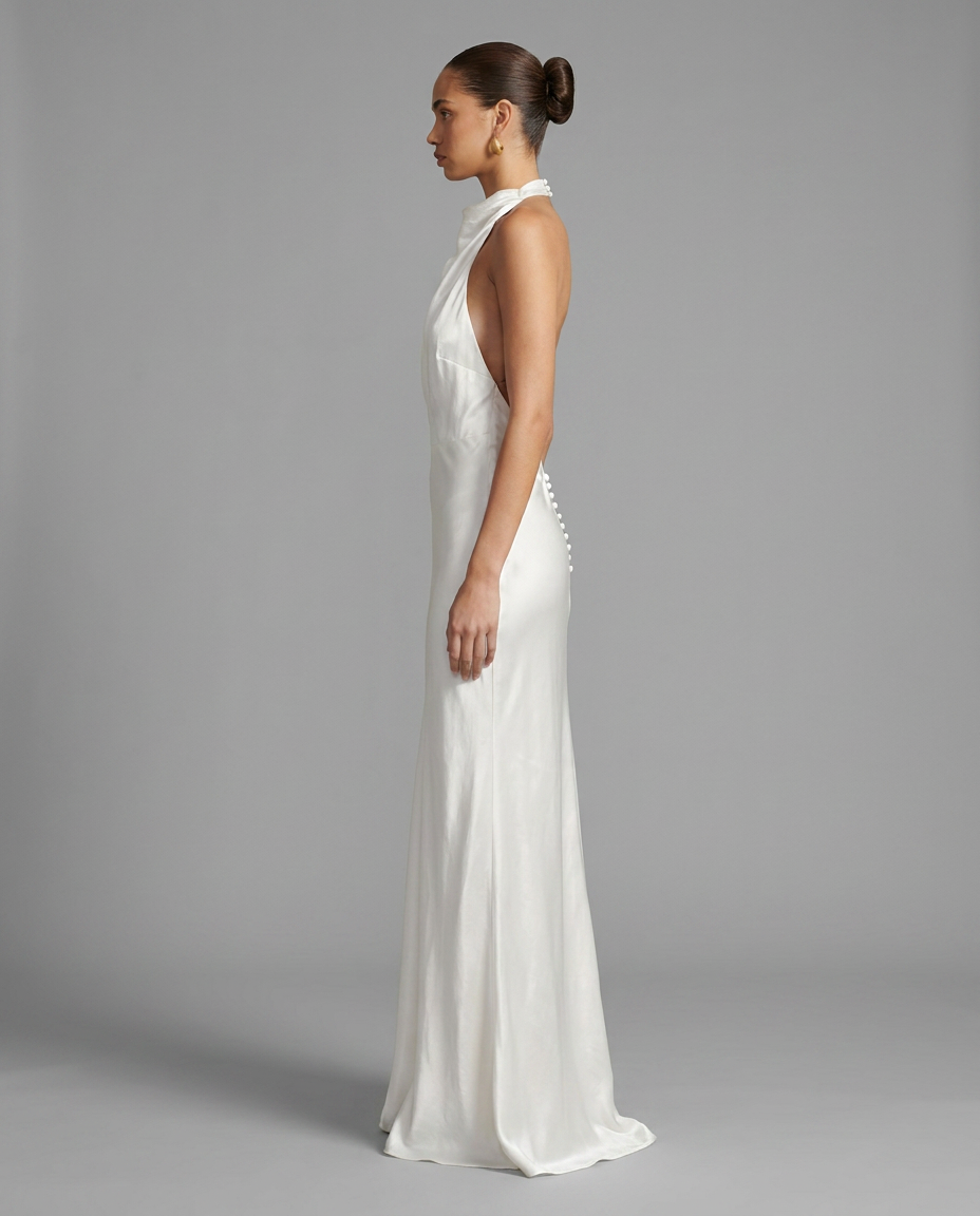 Ivory Satin Backless Maxi Dress