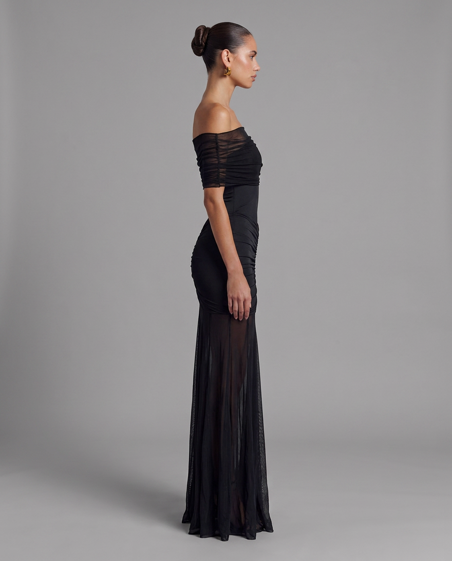 Black Off-Shoulder Mesh Maxi Dress