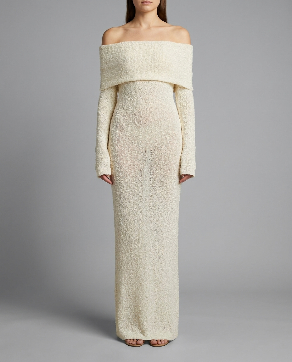 Cream Off-Shoulder Maxi Knitted Dress