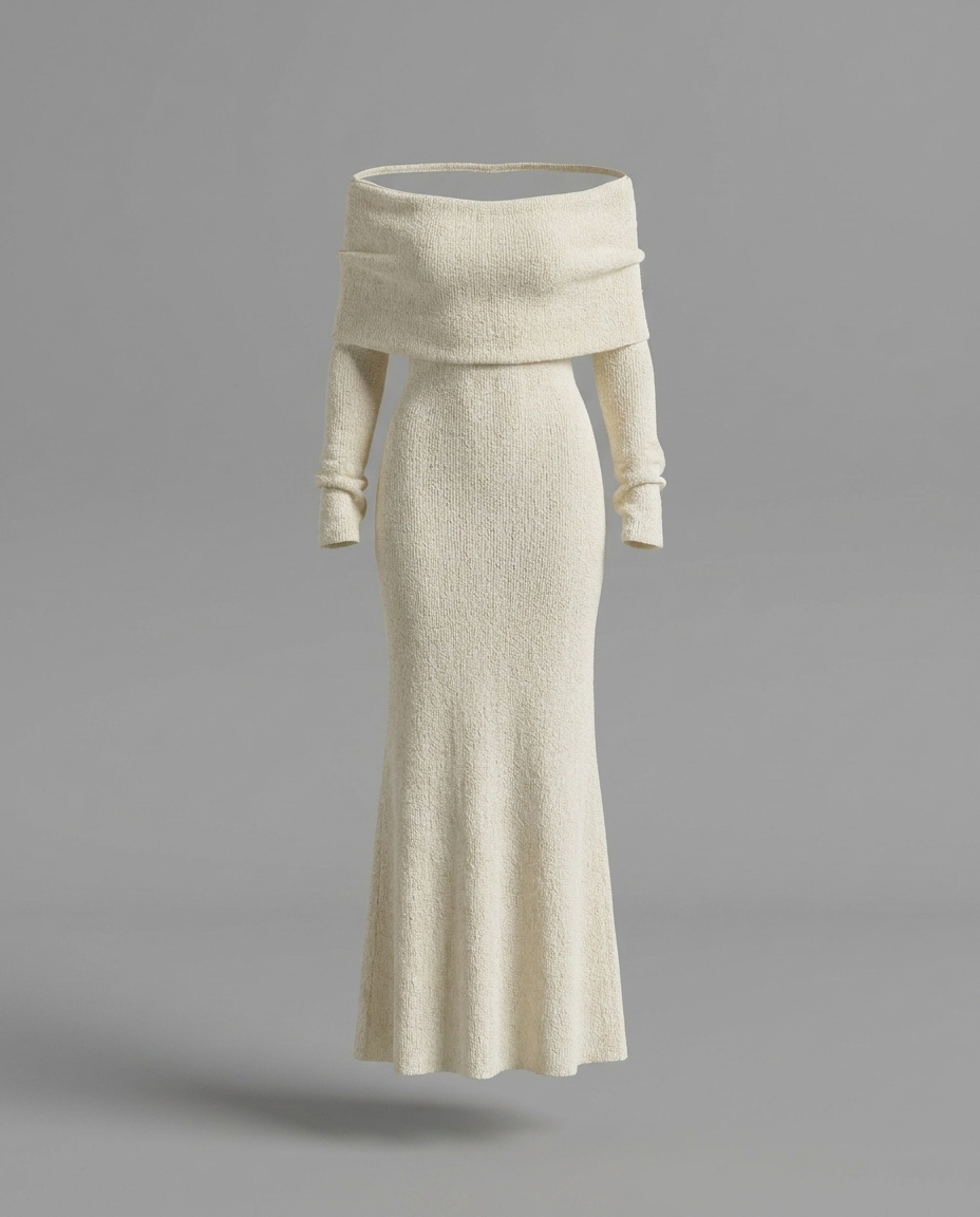 Cream Off-Shoulder Maxi Knitted Dress