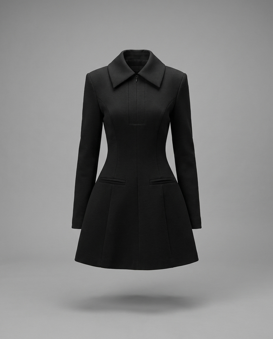 Black Collared Fit-and-Flare Mini Dress