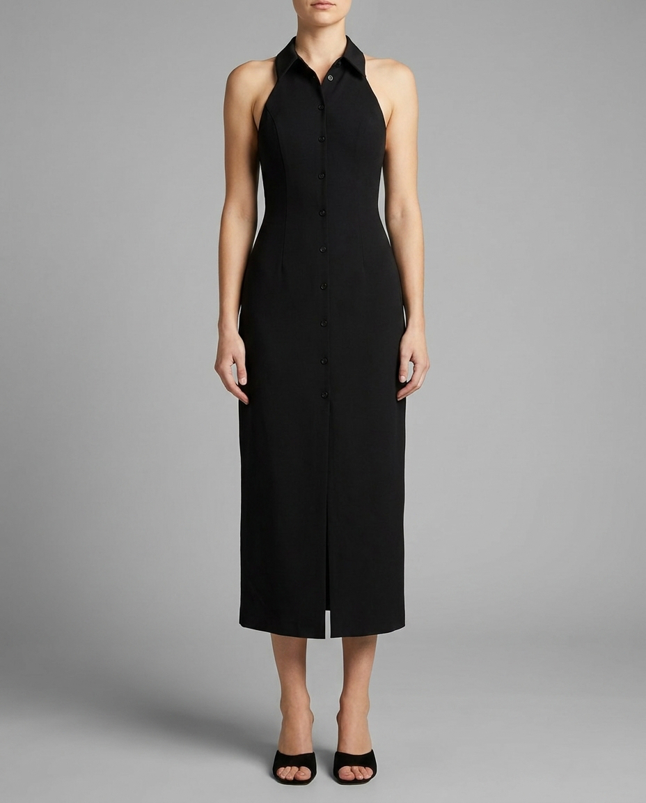 Black Halterneck Collared Midi Dress