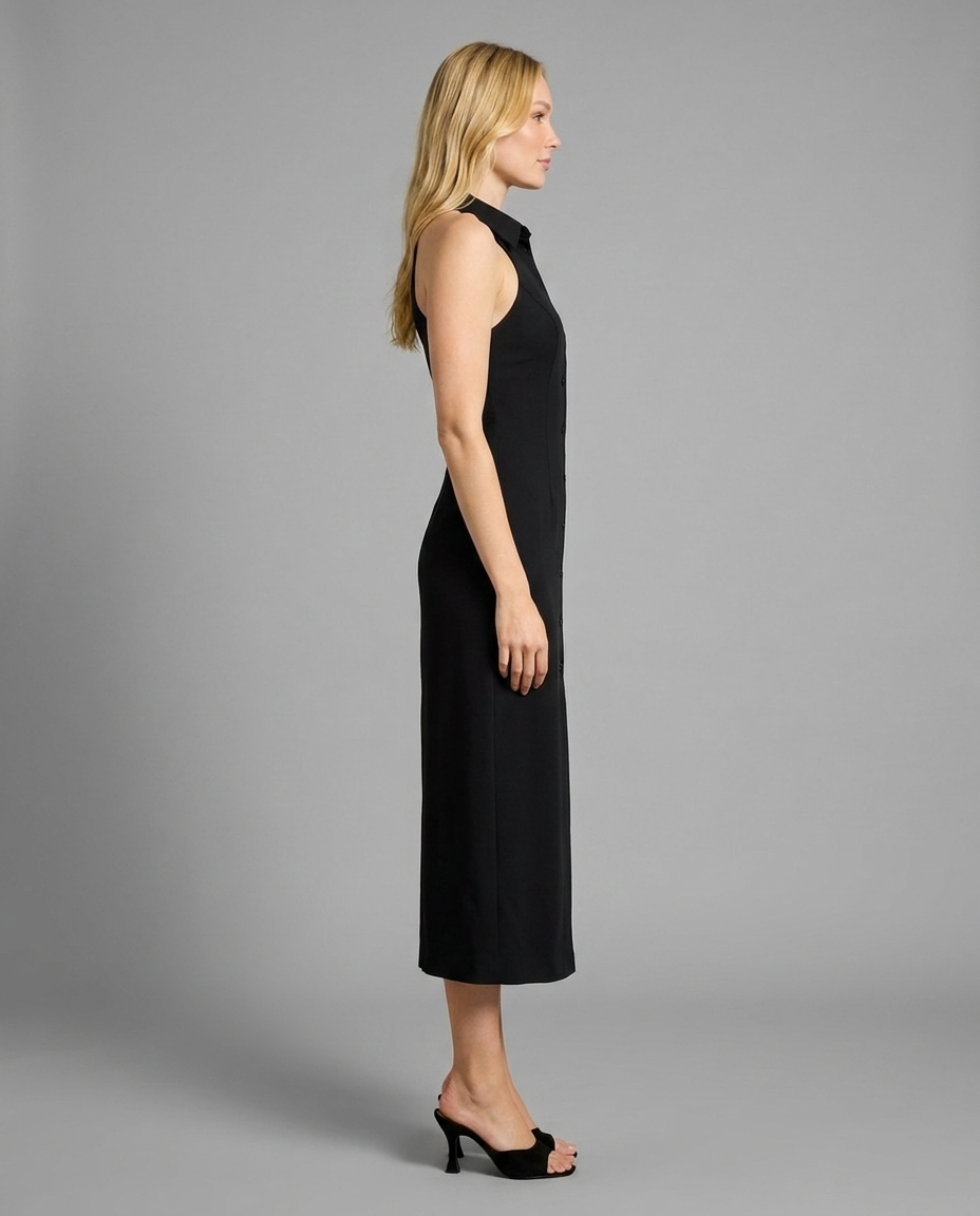 Black Halterneck Collared Midi Dress