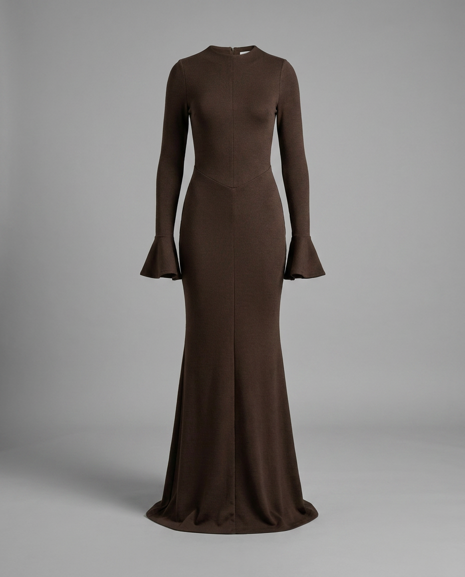 Chocolate Fluted Sleeve Maxi Knitted Dress