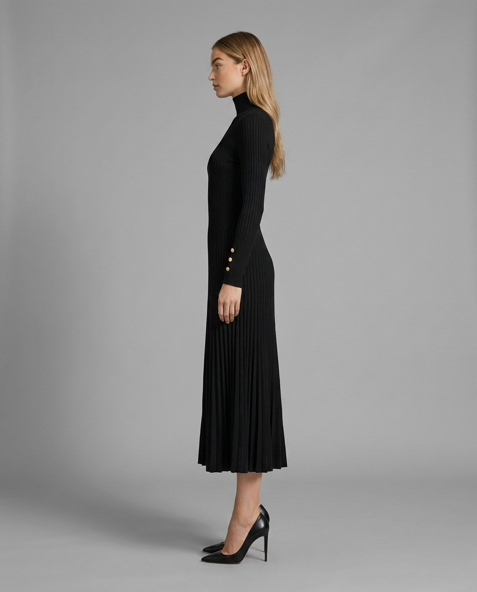 Roll Neck Pleated Midi Jumper Knitted Dress