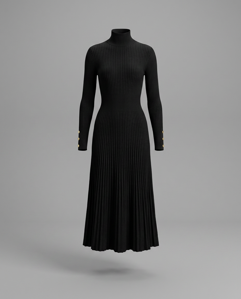 Roll Neck Pleated Midi Jumper Knitted Dress