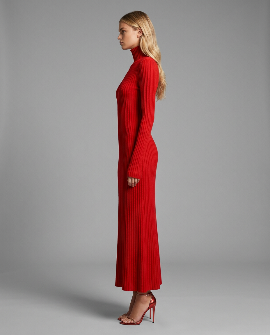 Roll Neck Pleated Midi Jumper Knitted Dress