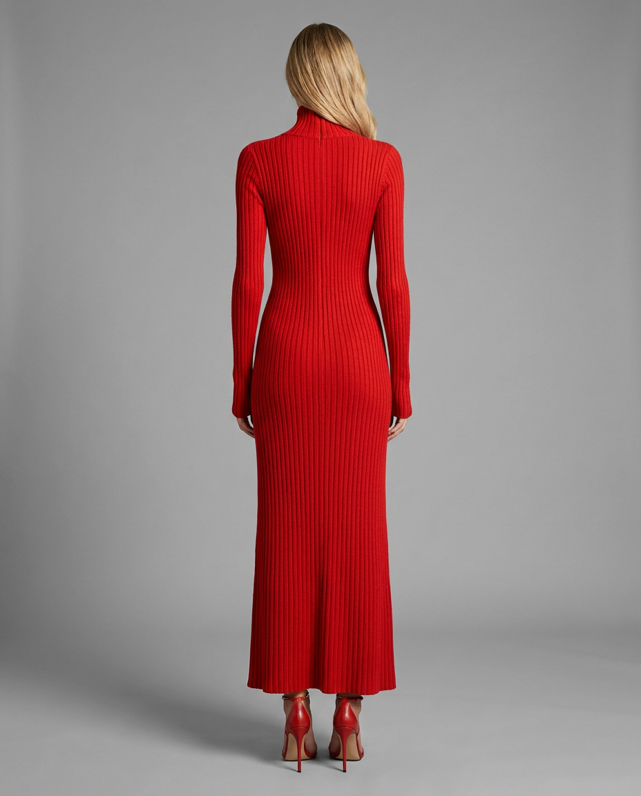 Roll Neck Pleated Midi Jumper Knitted Dress