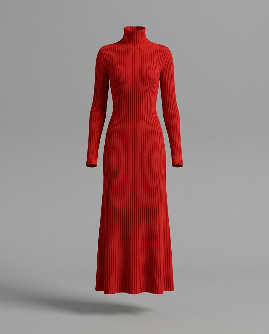Roll Neck Pleated Midi Jumper Knitted Dress