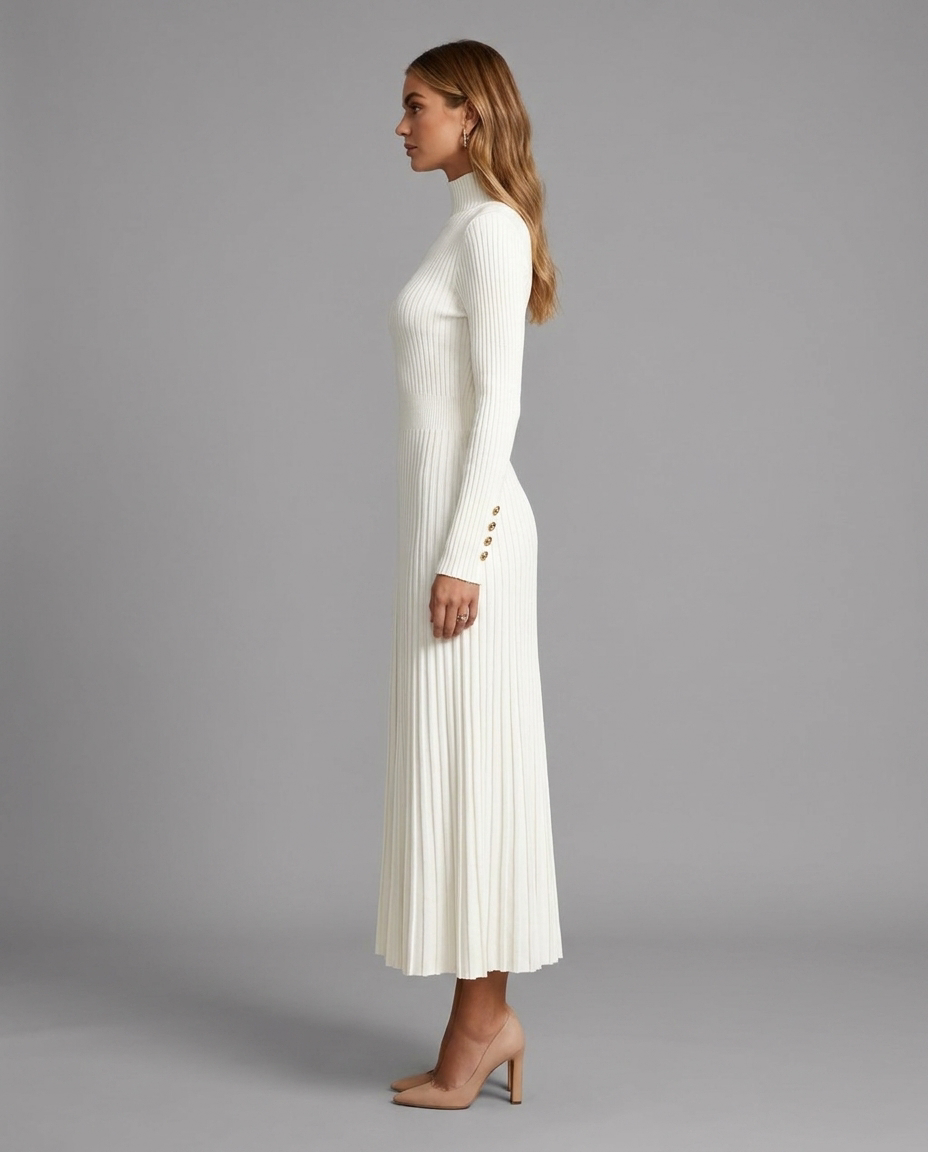 Roll Neck Pleated Midi Jumper Knitted Dress