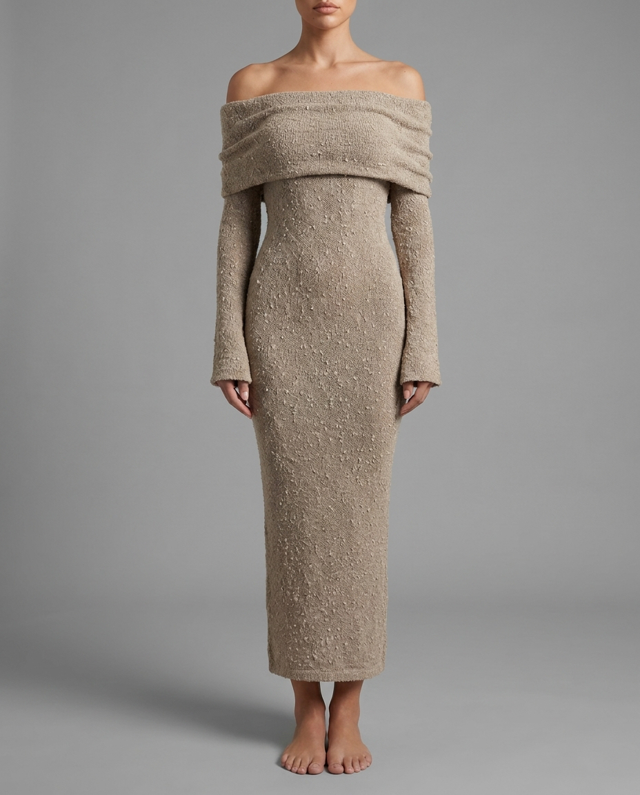 Off-Shoulder Textured Midi Jumper Knitted Dress