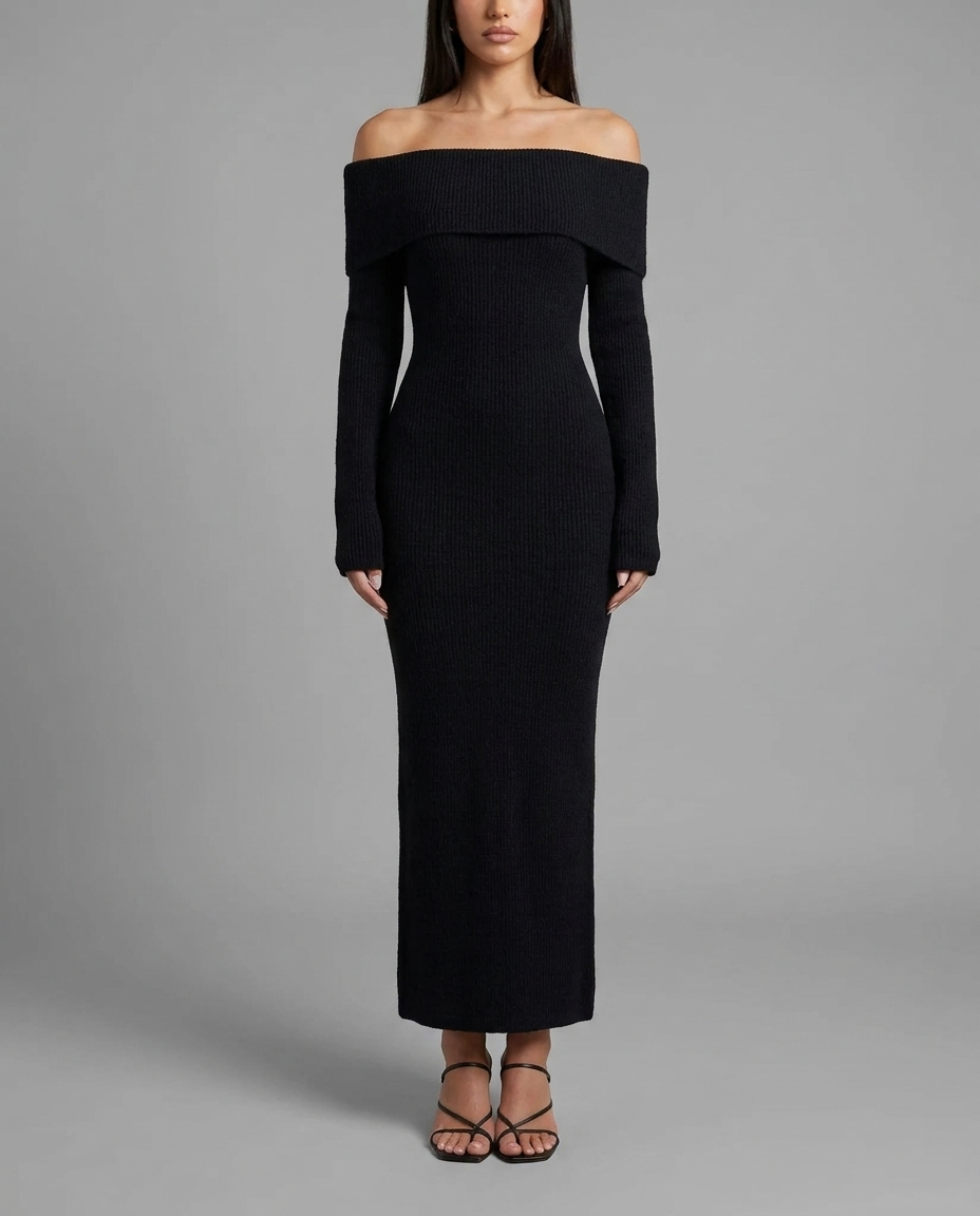 Off-Shoulder Textured Midi Jumper Knitted Dress