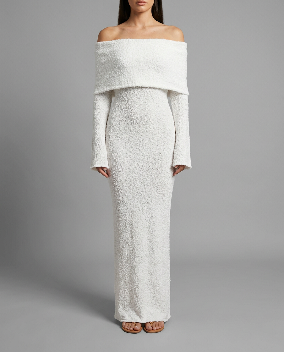 Off-Shoulder Textured Midi Jumper Knitted Dress