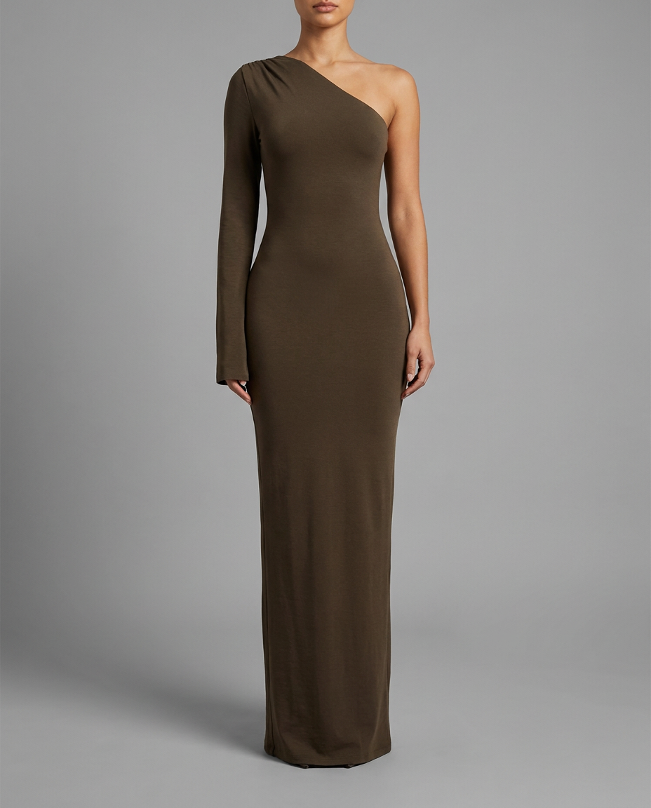 Brown One-Shoulder Bodycon Maxi Dress