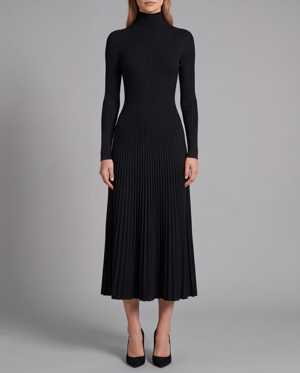 Black Roll Neck Pleated Knit Midi Dress With Ribbed Bodice, image 1