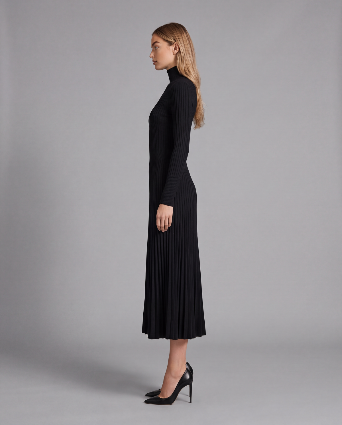 Black Roll Neck Pleated Knit Midi Dress With Ribbed Bodice, image 2