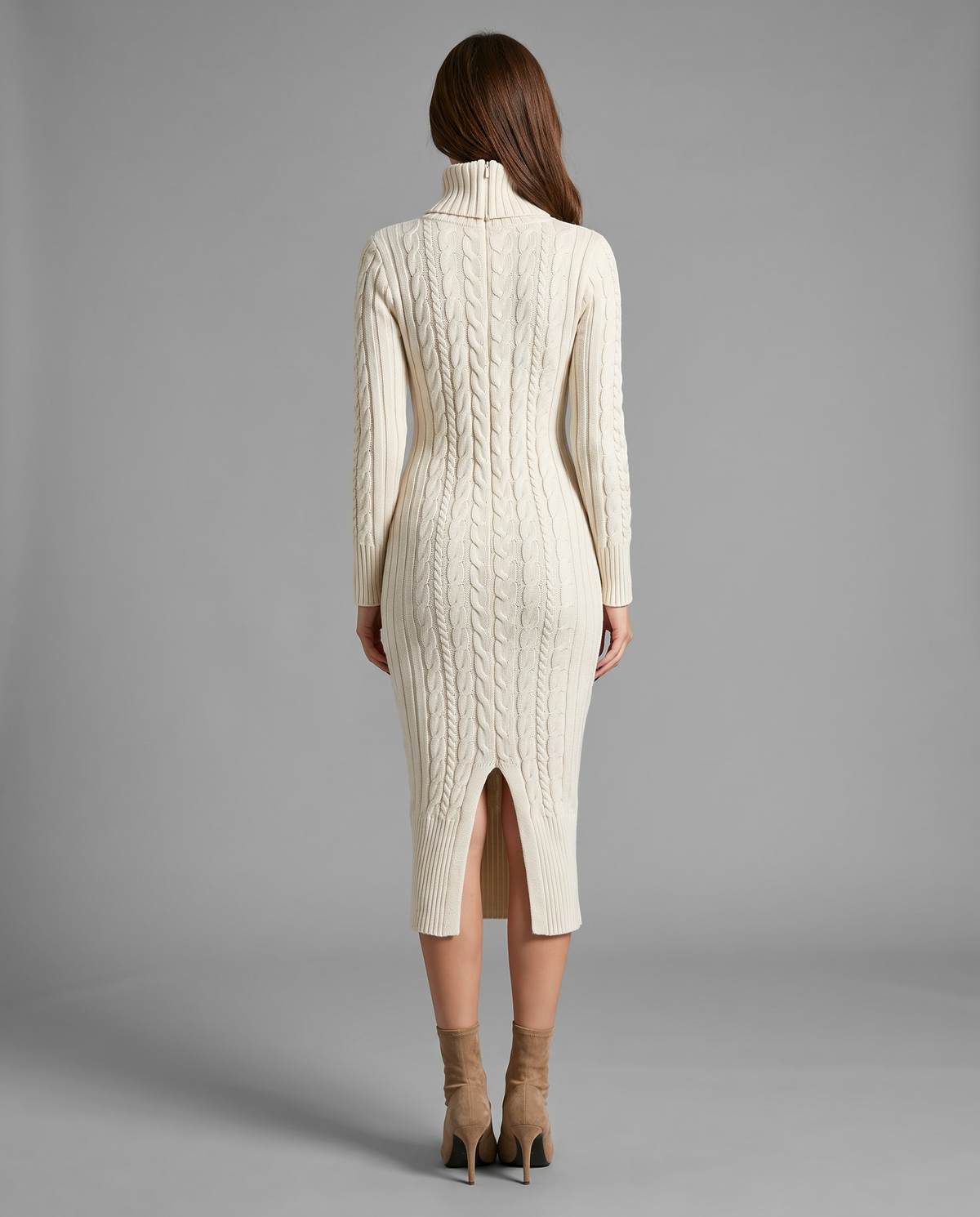Cream Cable Knit Turtleneck Midi Jumper Dress, image 3