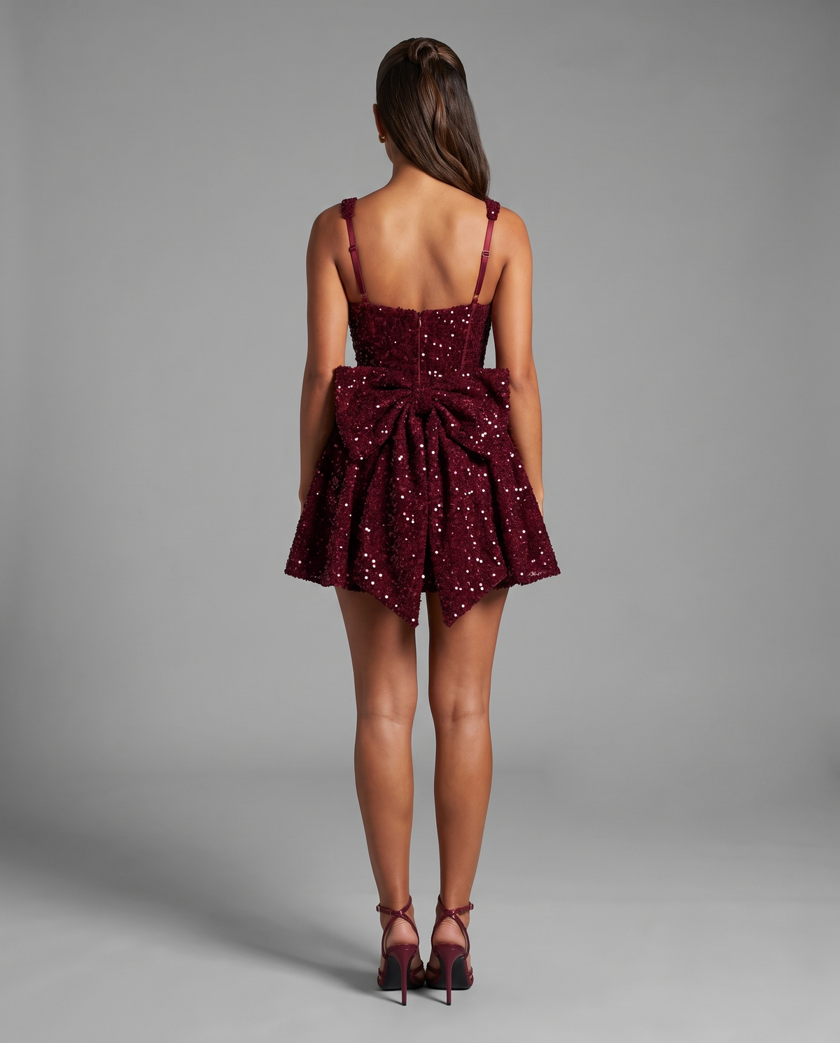 Burgundy Sequin Mini Dress With Oversized Back Bow, image 3
