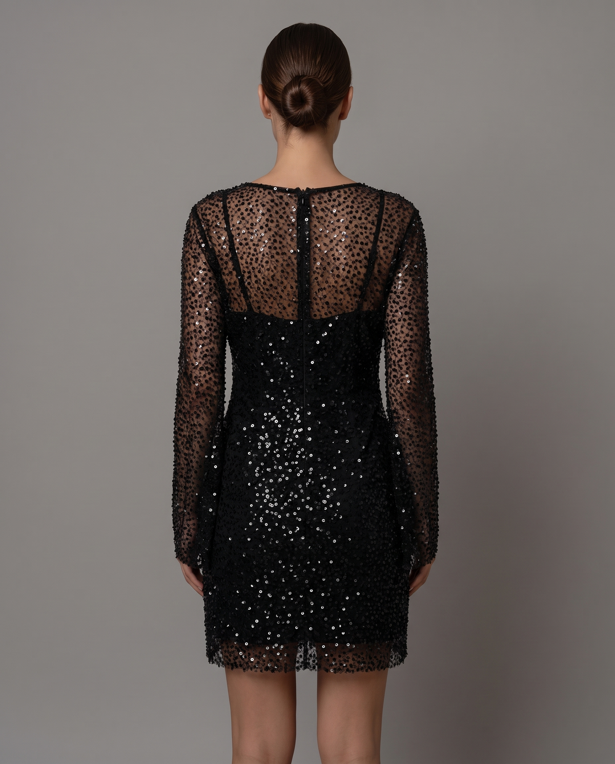 Black Sequin Mesh Mini Dress With Long Sheer Sleeves, image 3