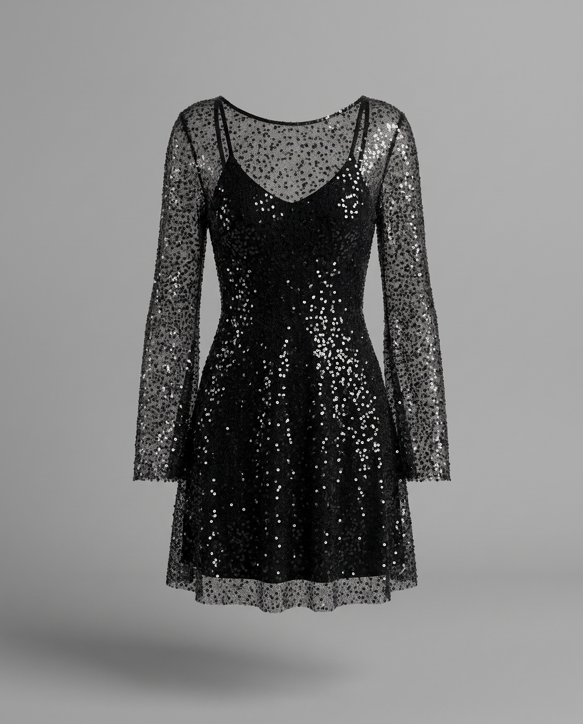 Black Sequin Mesh Mini Dress With Long Sheer Sleeves, image 5