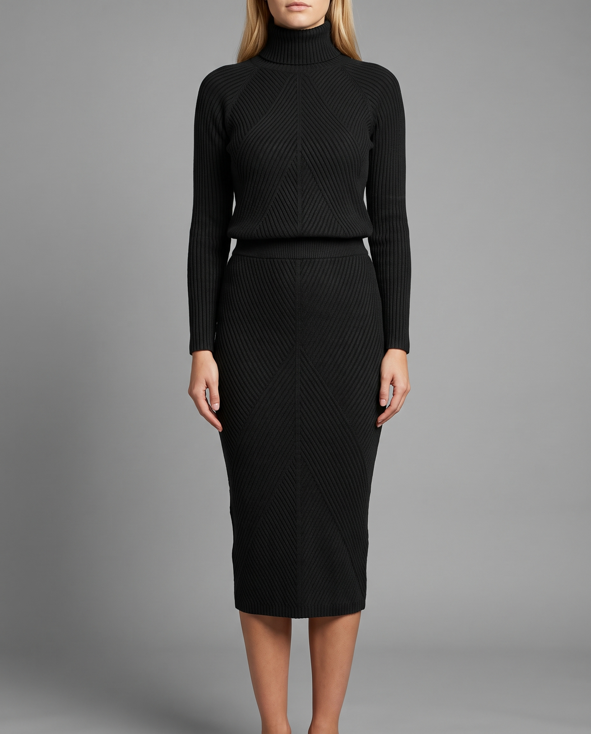 Black Ribbed Knit Turtleneck Jumper and Midi Skirt Set, image 1