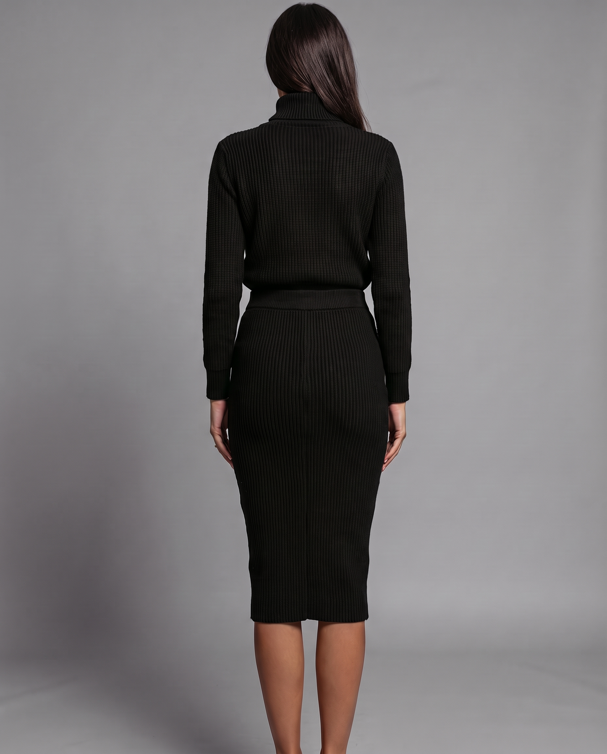 Black Ribbed Knit Turtleneck Jumper and Midi Skirt Set, image 3