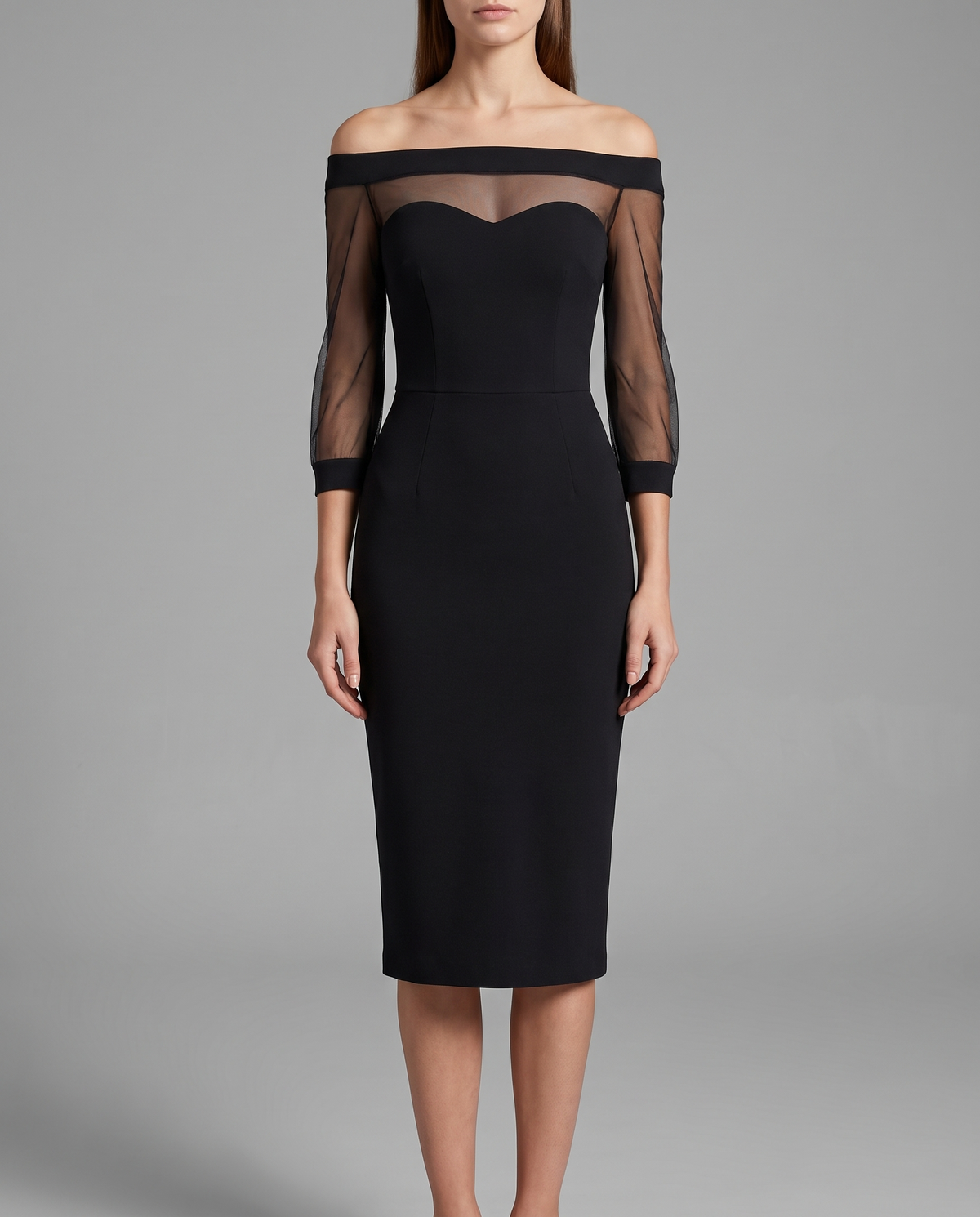 Black Off Shoulder Bardot Midi Dress With Mesh Sleeves, image 1