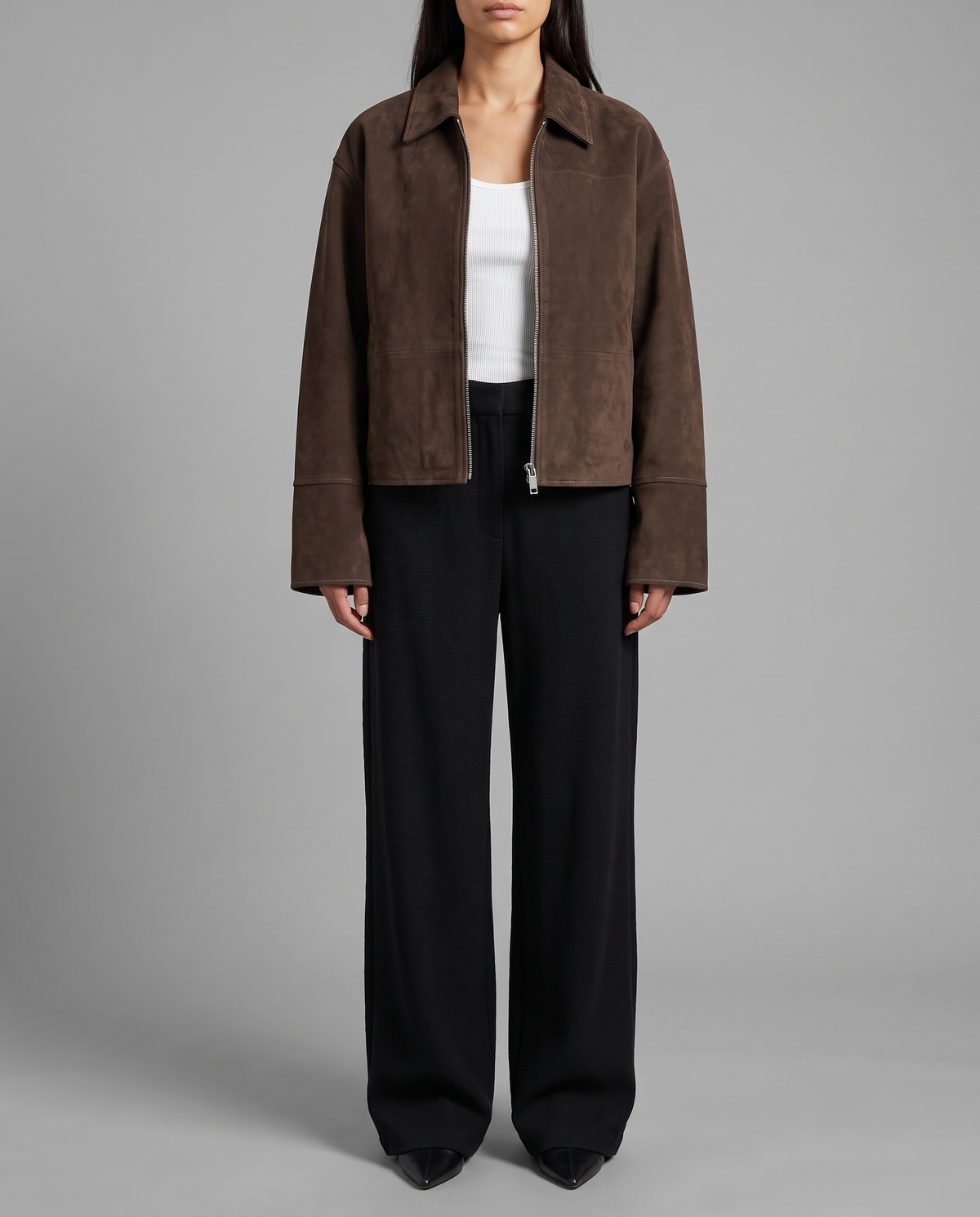 Brown Suede Oversized Bomber Jacket With Point Collar, image 1