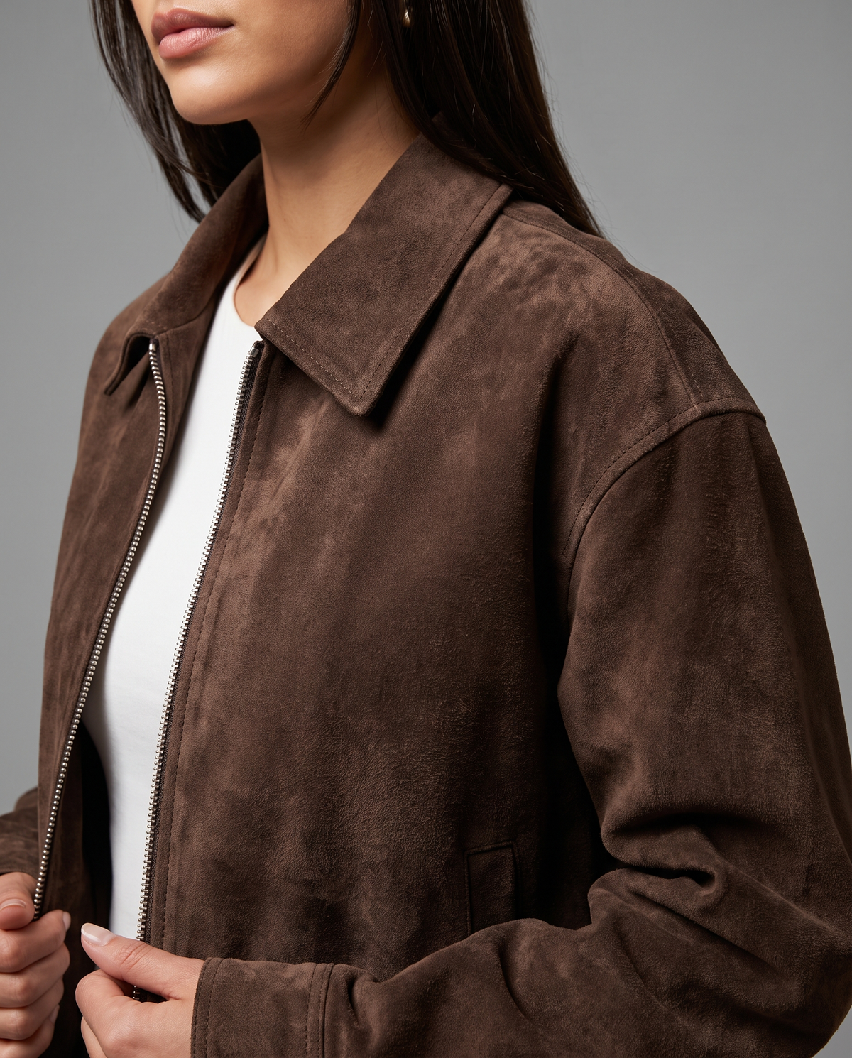 Brown Suede Oversized Bomber Jacket With Point Collar, image 4