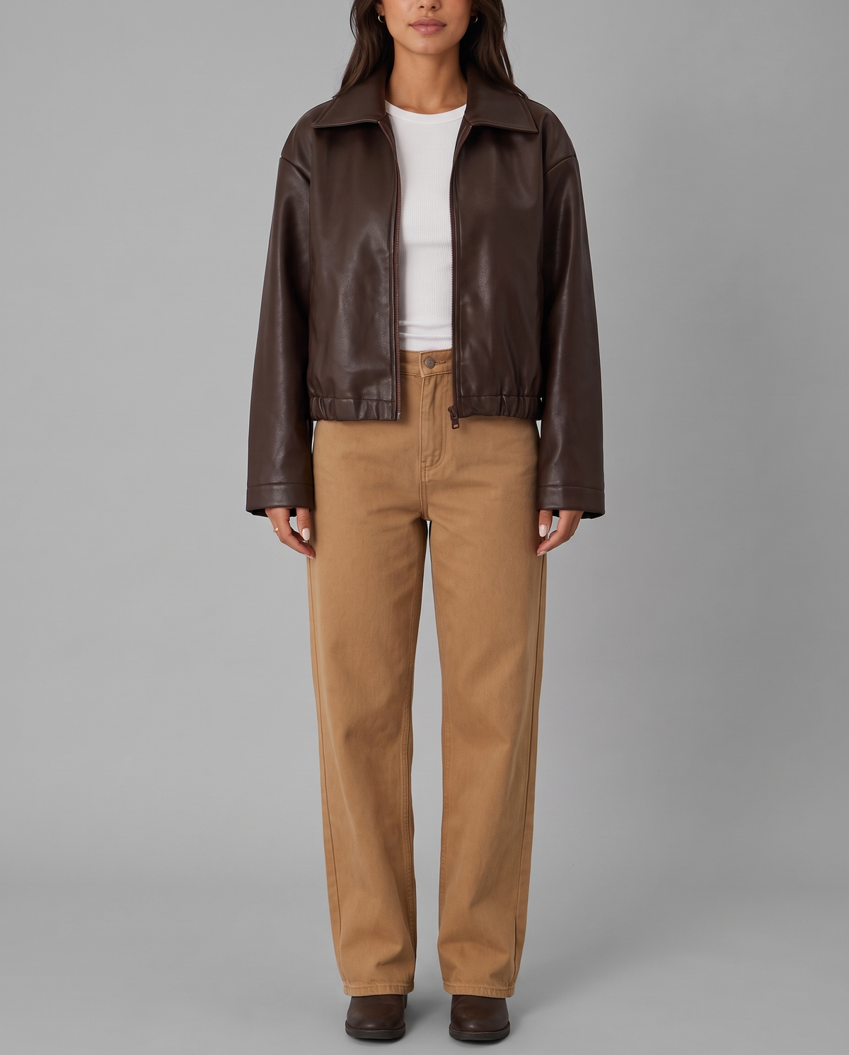 Brown Faux Leather Bomber Jacket With Elasticated Hem, image 1
