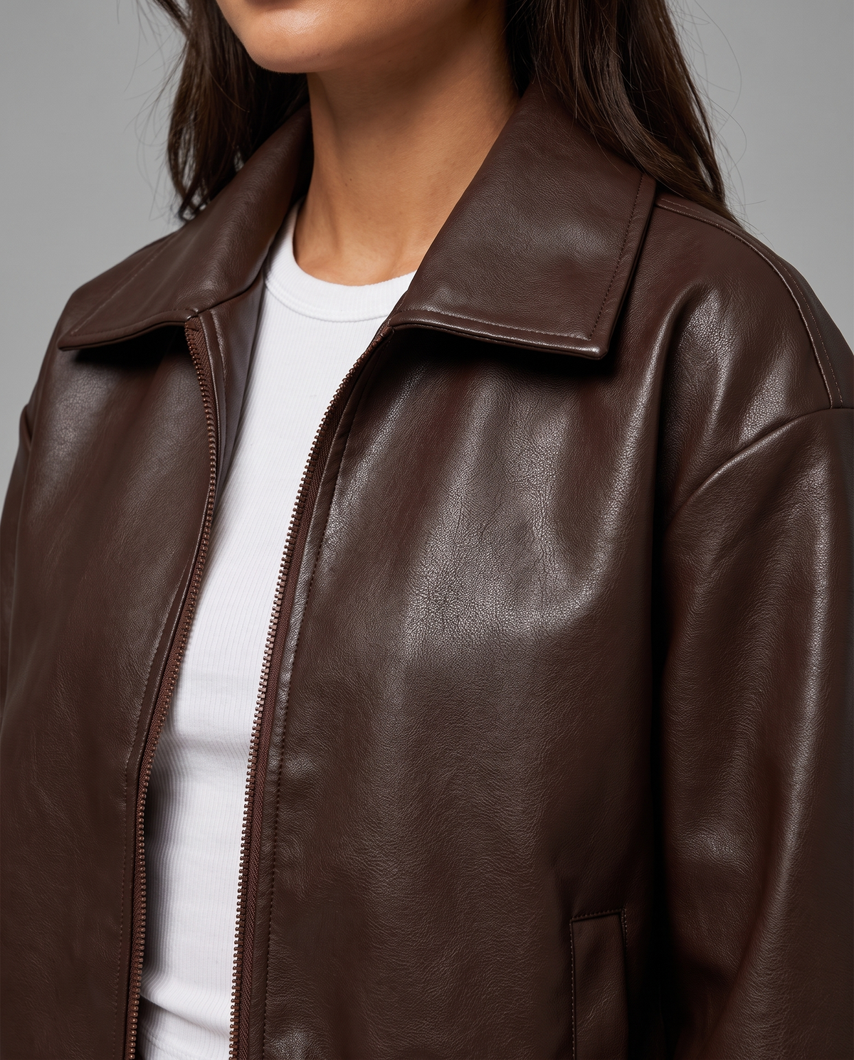 Brown Faux Leather Bomber Jacket With Elasticated Hem, image 4