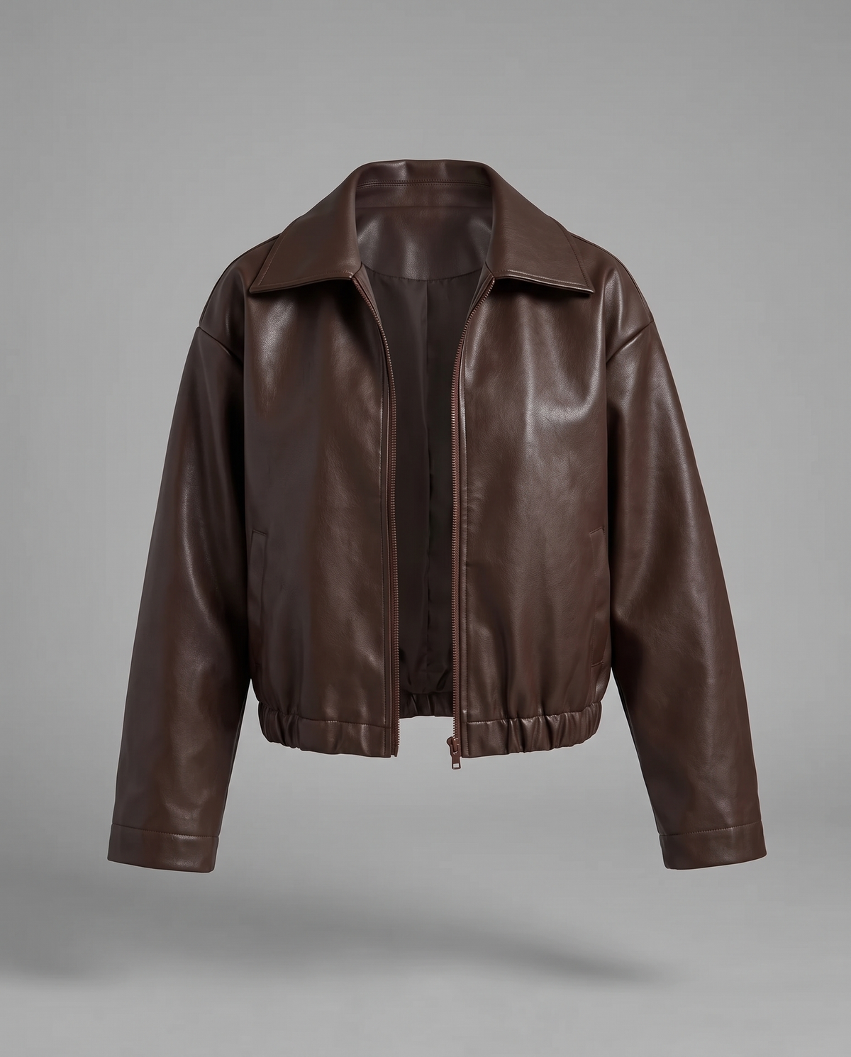 Brown Faux Leather Bomber Jacket With Elasticated Hem, image 5