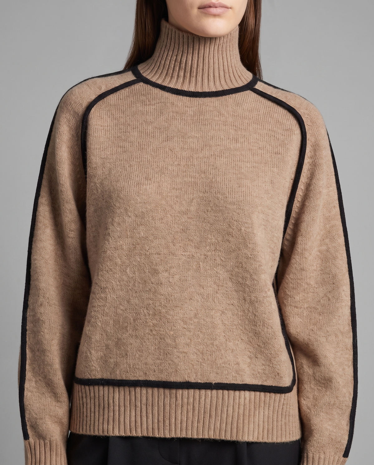 Camel Turtleneck Jumper With Black Contrast Piping, image 4
