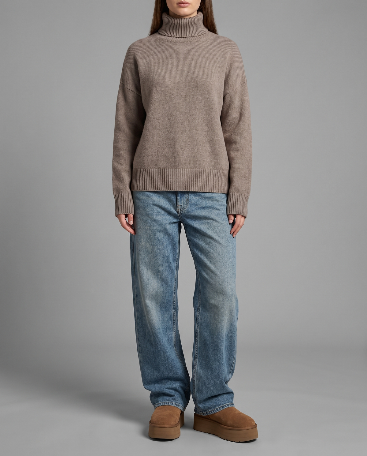 Taupe Knitted Turtleneck Jumper With Dropped Shoulders, image 1