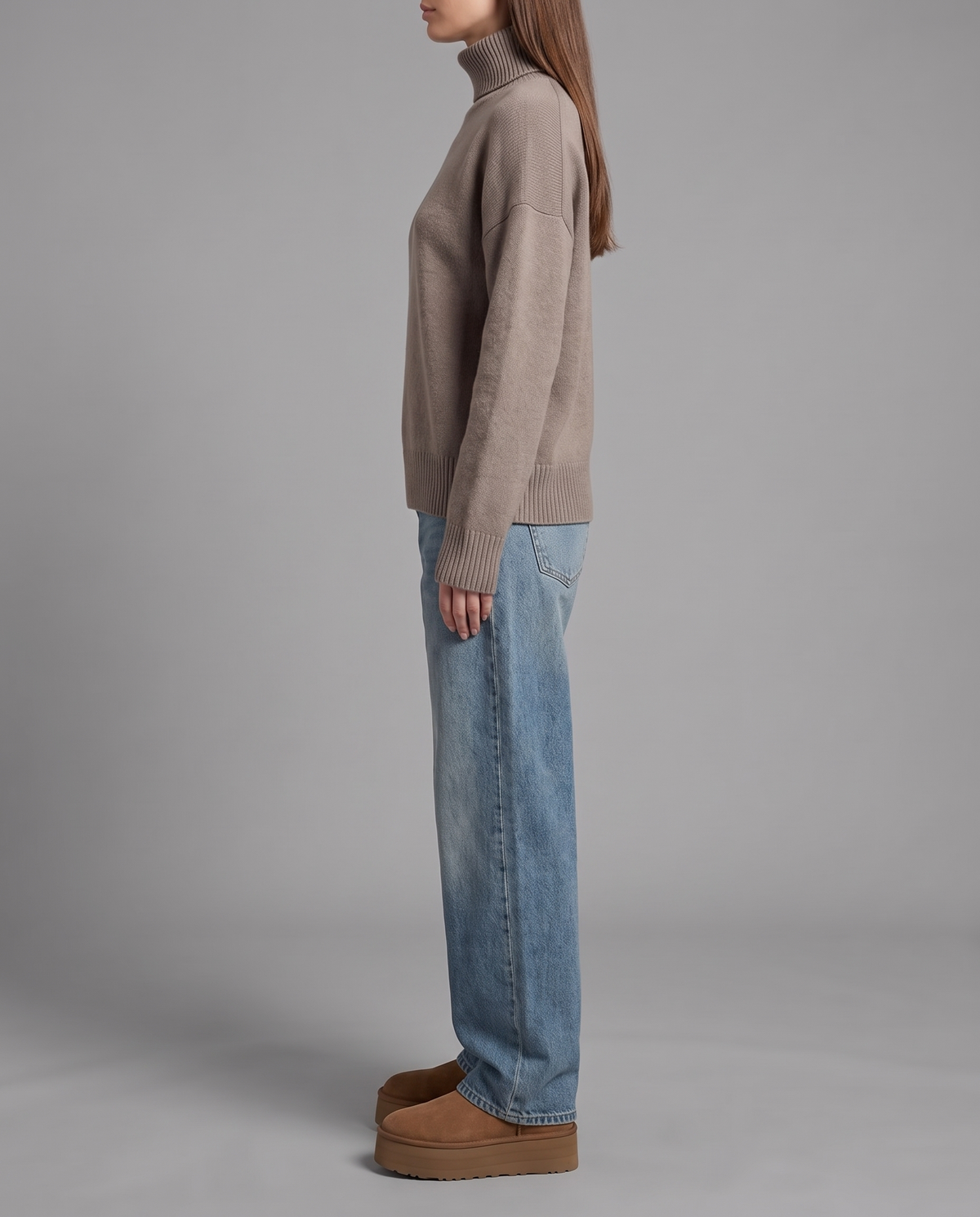 Taupe Knitted Turtleneck Jumper With Dropped Shoulders, image 2