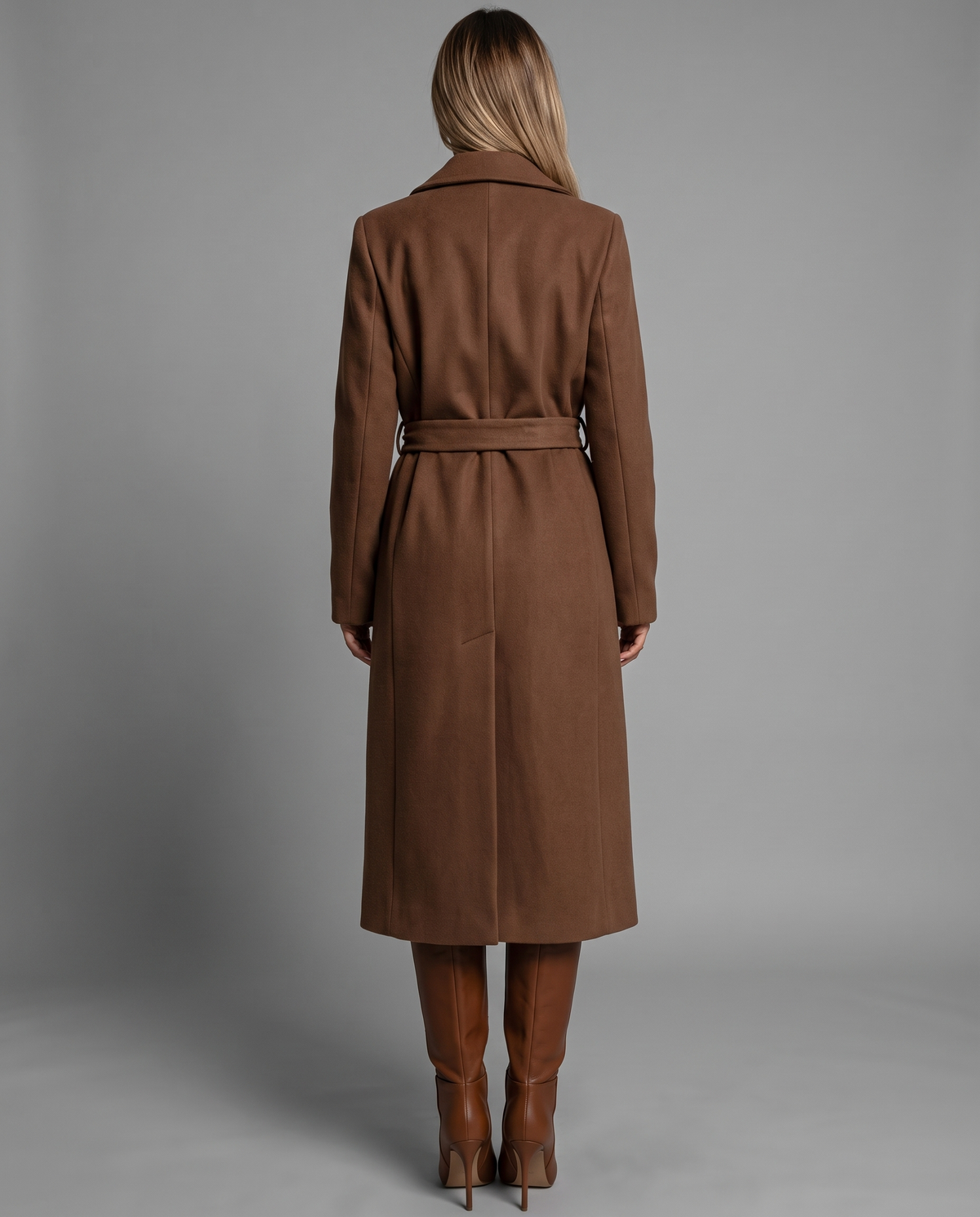 Brown Belted Long Coat With Double Breasted Front, image 3